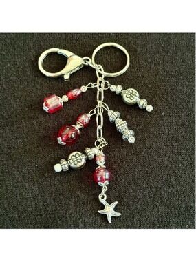 NEW Red Starfish Beaded Crystal Bag Charm Keychain Handmade One of a Kind (#15)
